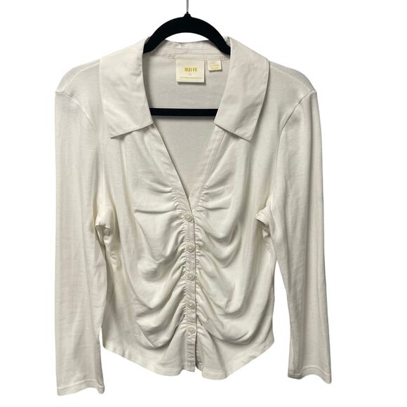 Anthropologie Maeve Ruched V Neck Button Up Collared Shirt White Womens Size XL - Picture 2 of 6